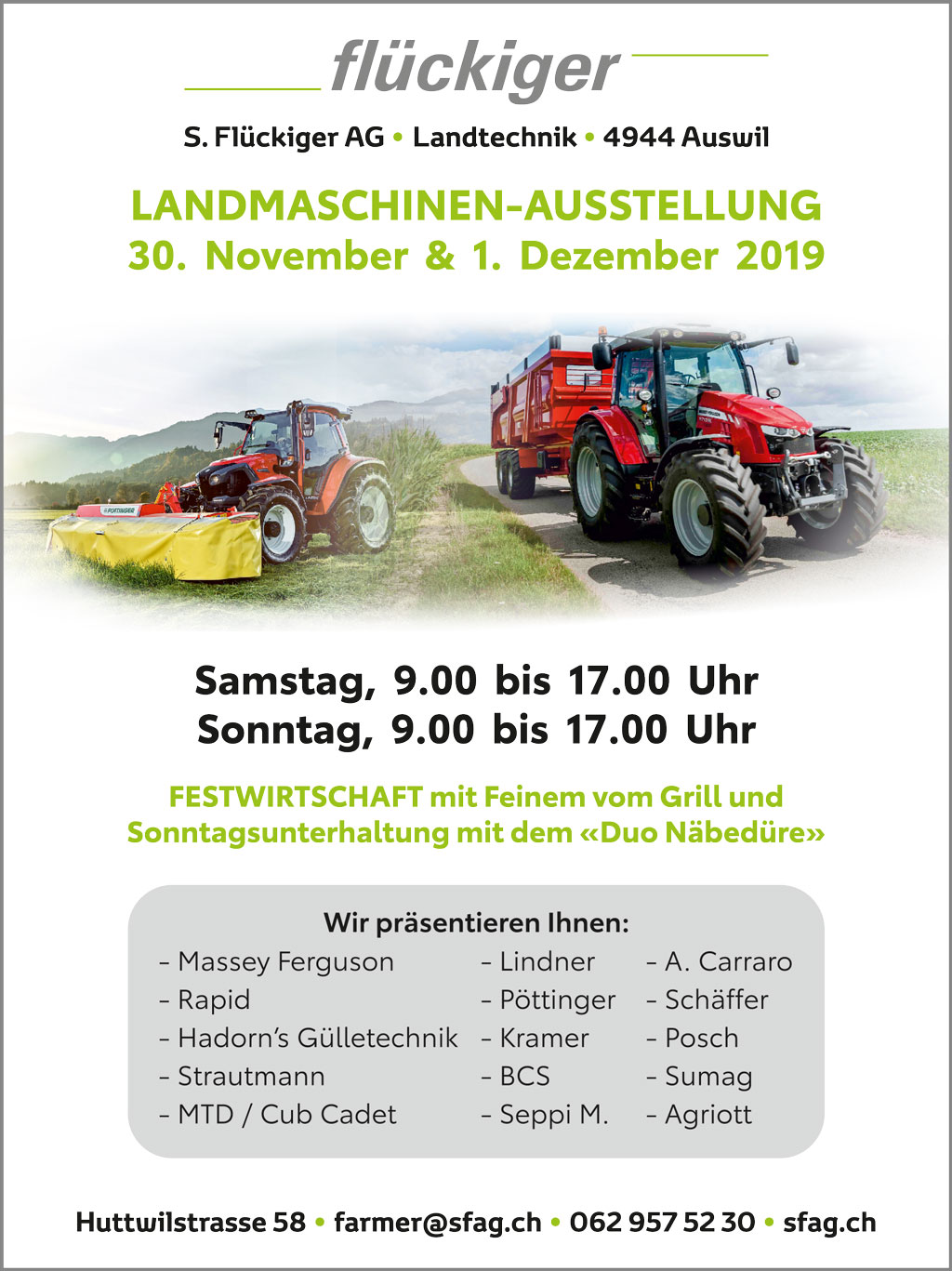 flückiger Landtechnik – Grosse Landmaschinen-Ausstellung vom Samstag, 30. November 2019 & Sonntag, 1. Dezember 2019