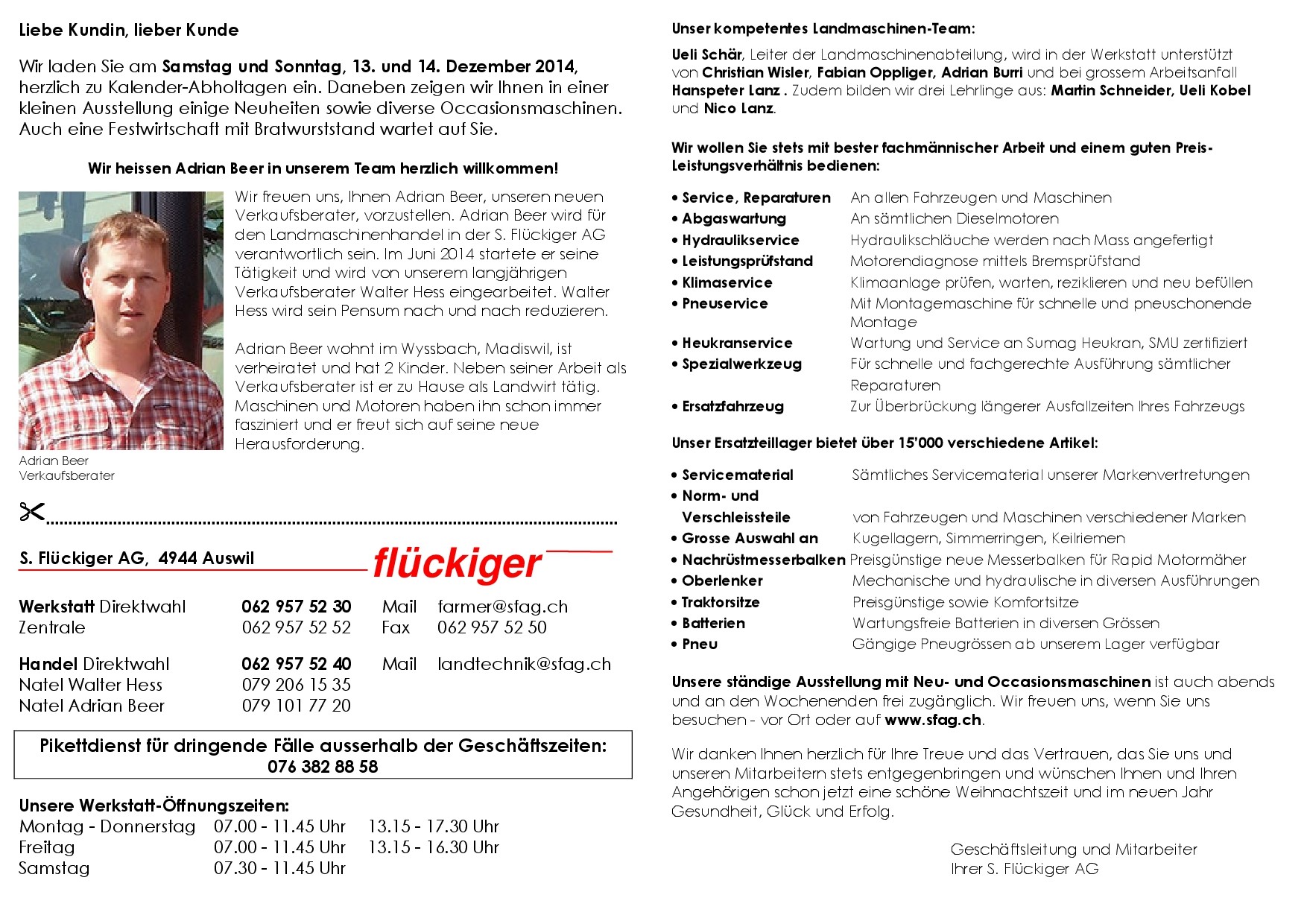 flückiger Landtechnik - Kalender-Abholtage 2014